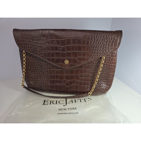 Eric Javits Laptop Tote Brown Croc Embossed Leather Gold Hardware Suede Interior - Picture 1 of 11